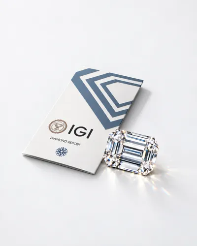 Emerald-cut diamond beside an IGI diamond report