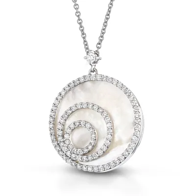 Round white pendant with diamond spirals, in 18kt white gold