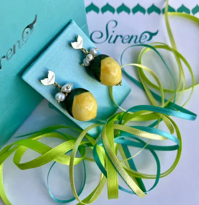 Earrings with Mermaid's Tail in gold-plated 925 silver, ceramic lemon and small pearl, Lemon collection