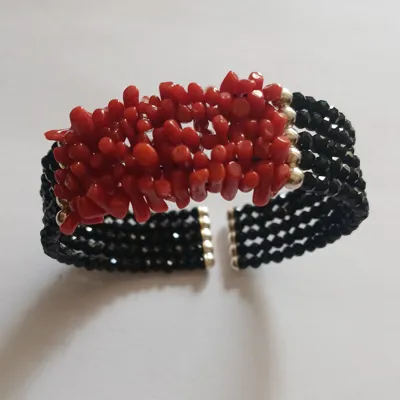 Bangle in red coral short branches and 925 silver