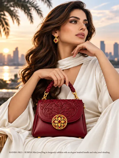 Model holding the burgundy leather mini-bag with gold and ruby clasp