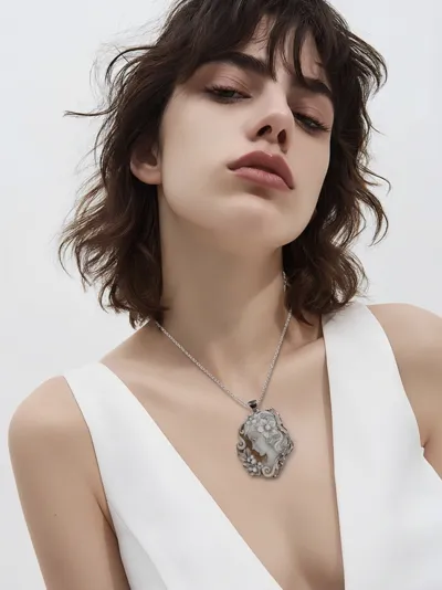Model wearing a cameo pendant set in 925 silver